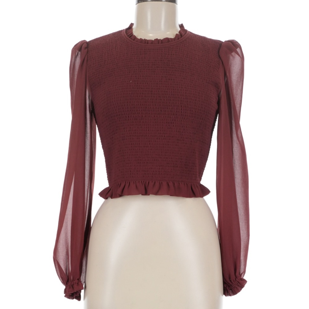 Wilfred Aritzia Tempest Blouse - Burgundy Sheer Sleeve Top